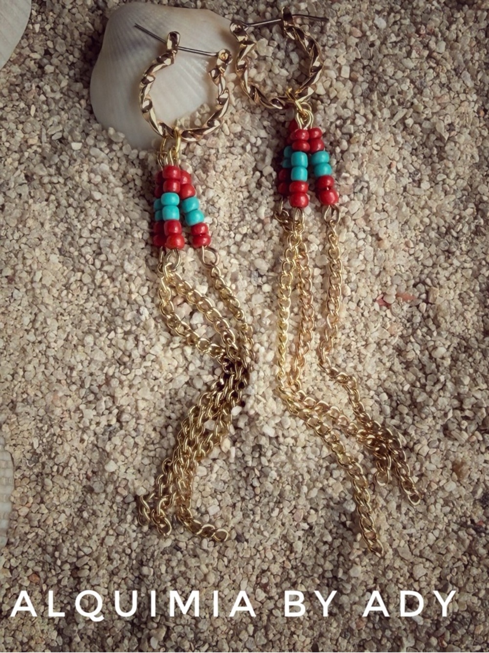SHOULDER DUSTER + Gold Chain Tassel Earrings with Red and Turquoise Beads